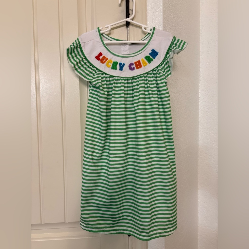 Abby & Evie Dress Girls 6 Green Stripe Embroidered Boutique Smocked